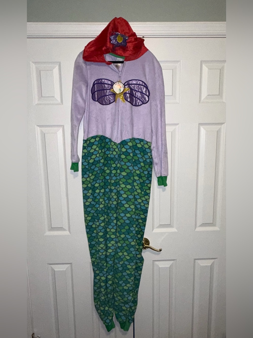 NEW Disney Ariel Fleece hooded One-Piece Union Suit Pajamas medium 8-10